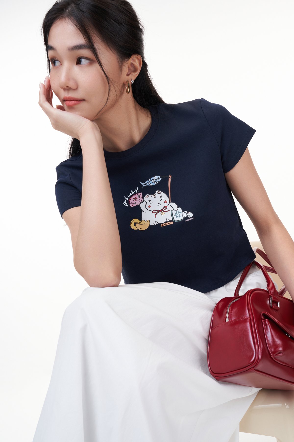 TCL X Kimberly Chan I'm Lucky Fortune Cat Tee (Crop) in Navy