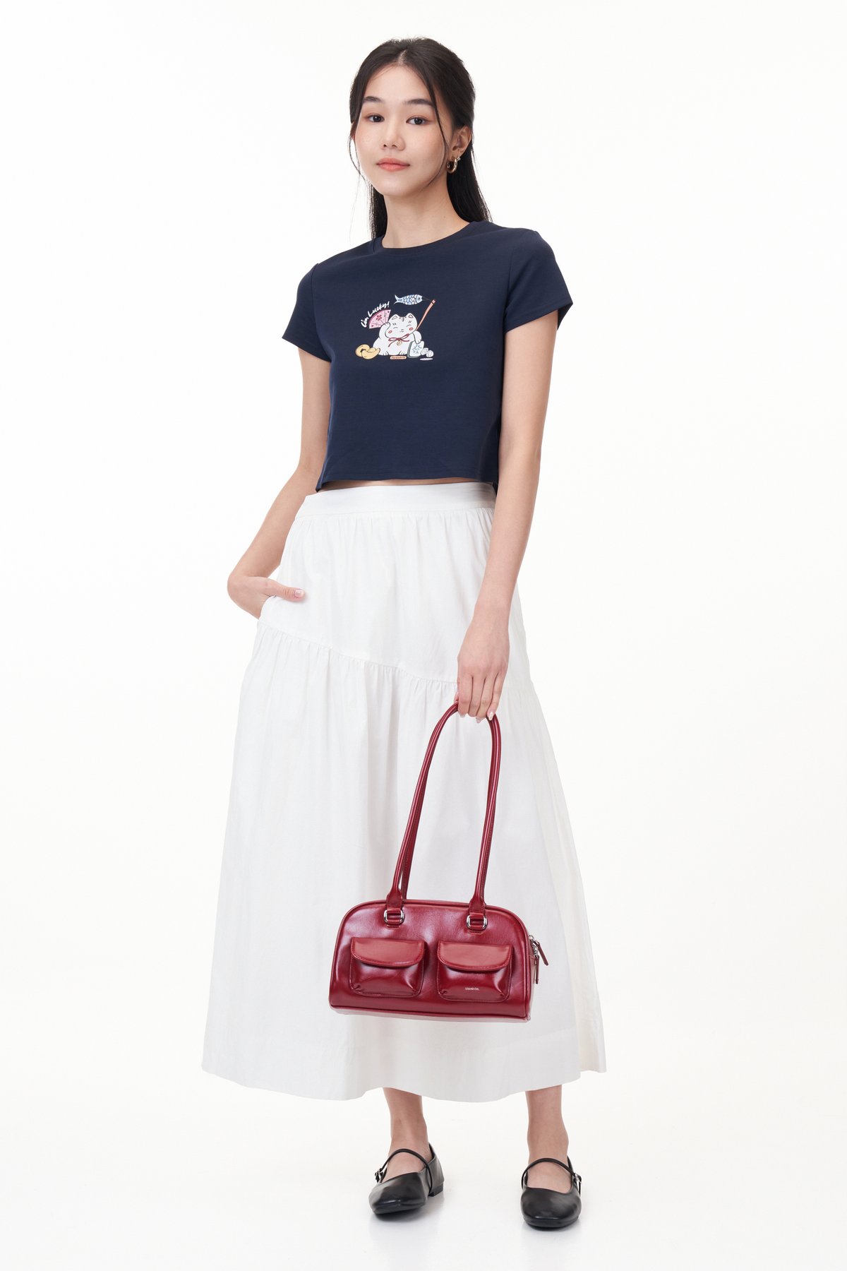 TCL X Kimberly Chan I'm Lucky Fortune Cat Tee (Crop) in Navy