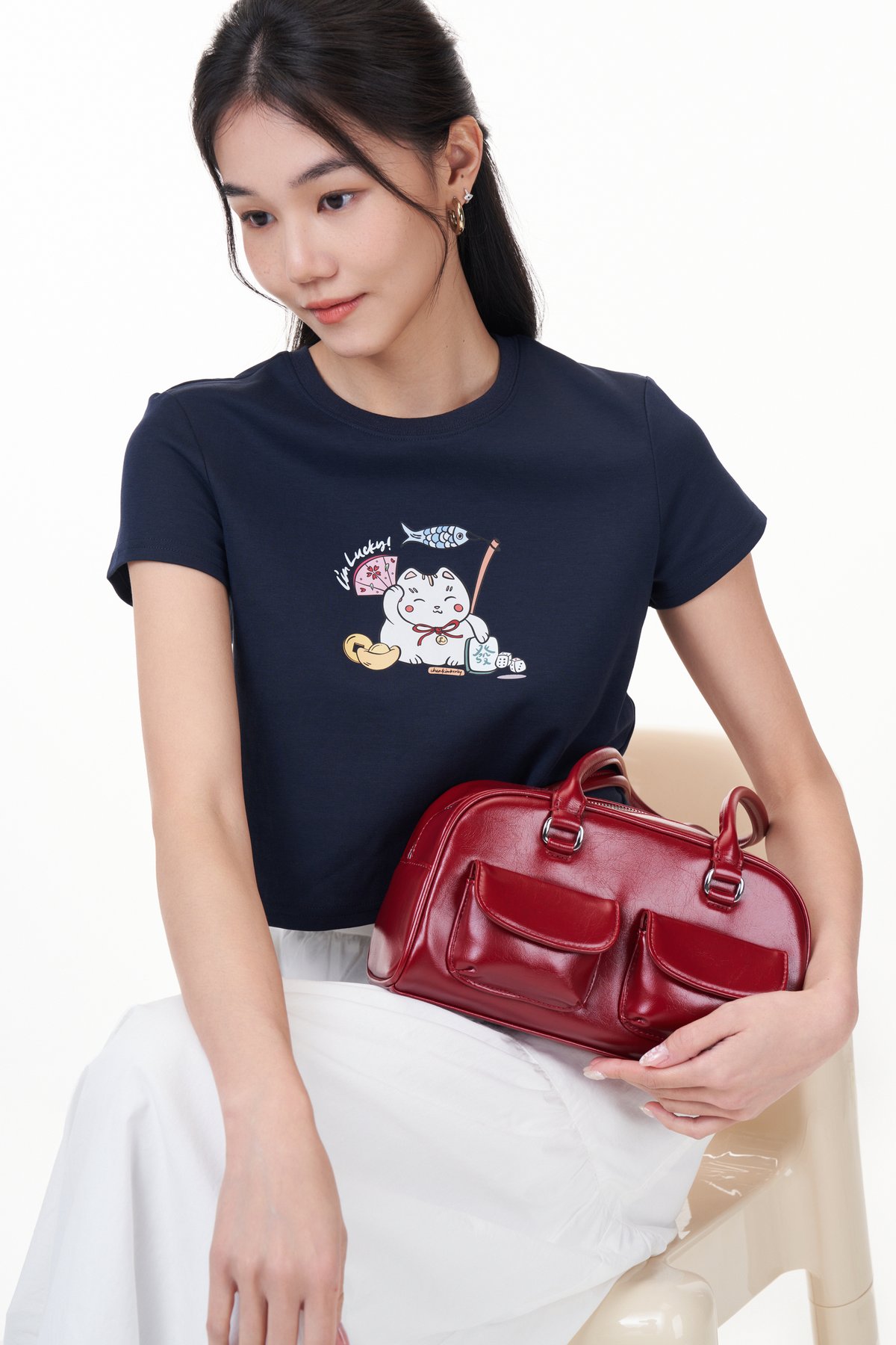 TCL X Kimberly Chan I'm Lucky Fortune Cat Tee (Crop) in Navy
