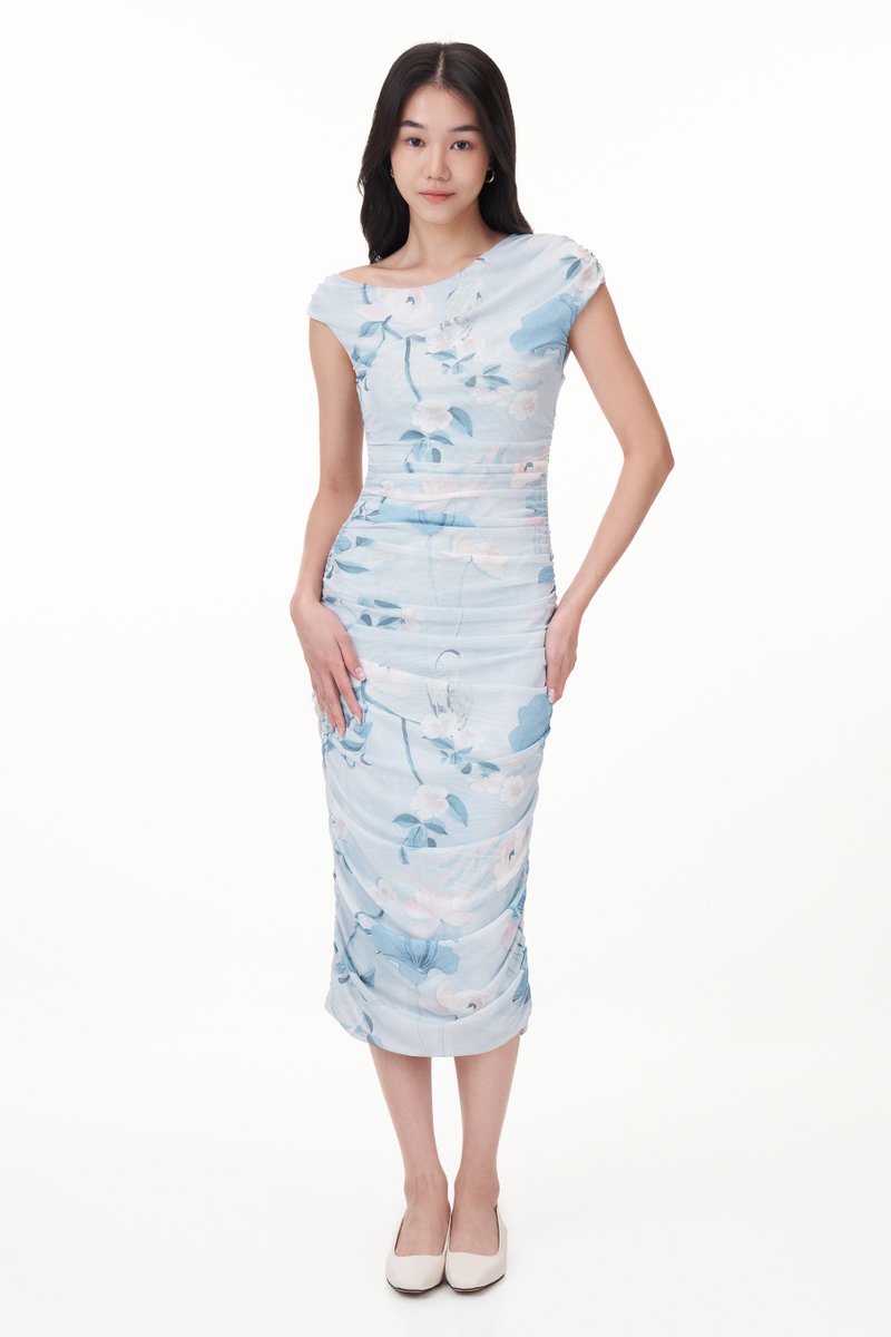 Dela Mesh Ruched Midi Dress