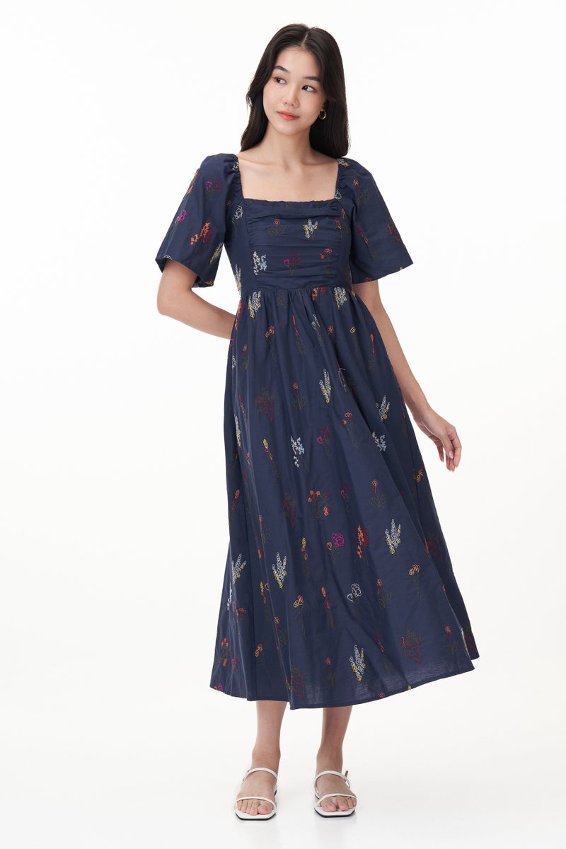 Luela Ruched Embroidered Maxi Dress