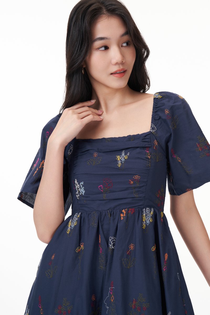 Luela Ruched Embroidered Maxi Dress