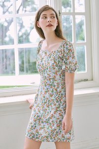 Endria Floral Square Neck Dress in Green