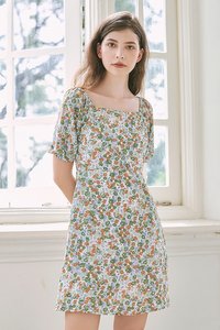 Endria Floral Square Neck Dress in Green