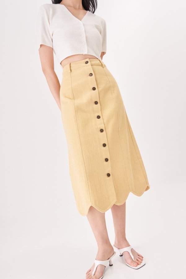 Riley Denim Scallop Hem Midi Skirt in Butter