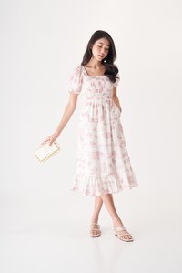 Alessa Smocked Midi Dress in Island Stories Pink Print