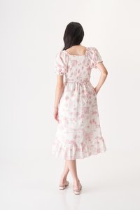 Alessa Smocked Midi Dress in Island Stories Pink Print