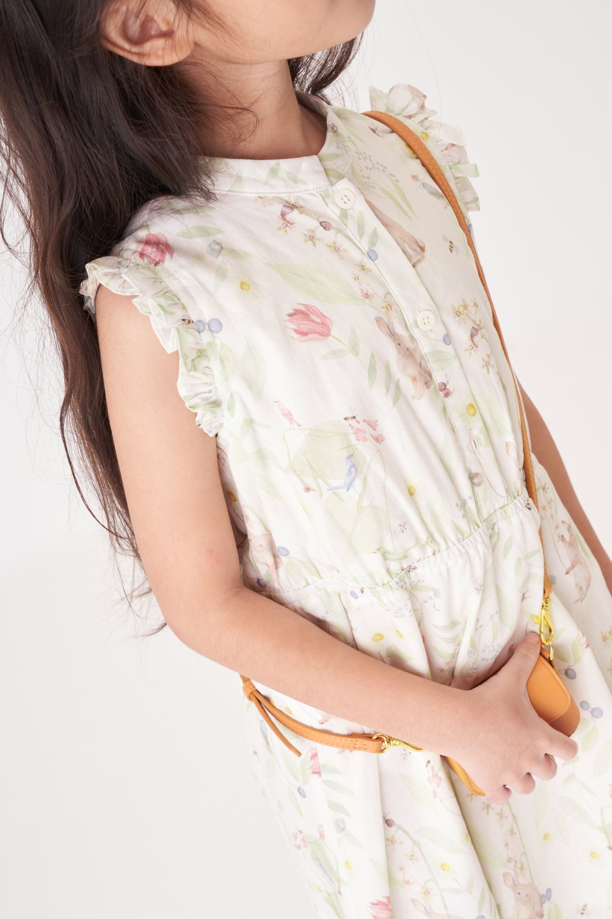 Kids' Petal Mandarin Collar Dress in Whimsical Garden Print