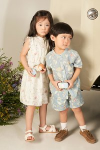 Kids' Oliver Mandarin Collar Shirt in Whimsical Garden Blue Print