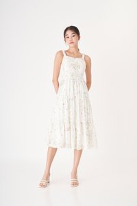 Eldora Midi Dress in Whimsical Garden White Print