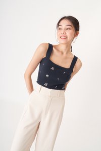 Hara Embroidered Knit Top in Navy